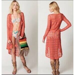 Md Free People Beach Cardigan Cover-Up Orange Open-Knit Pockets Boho Festival